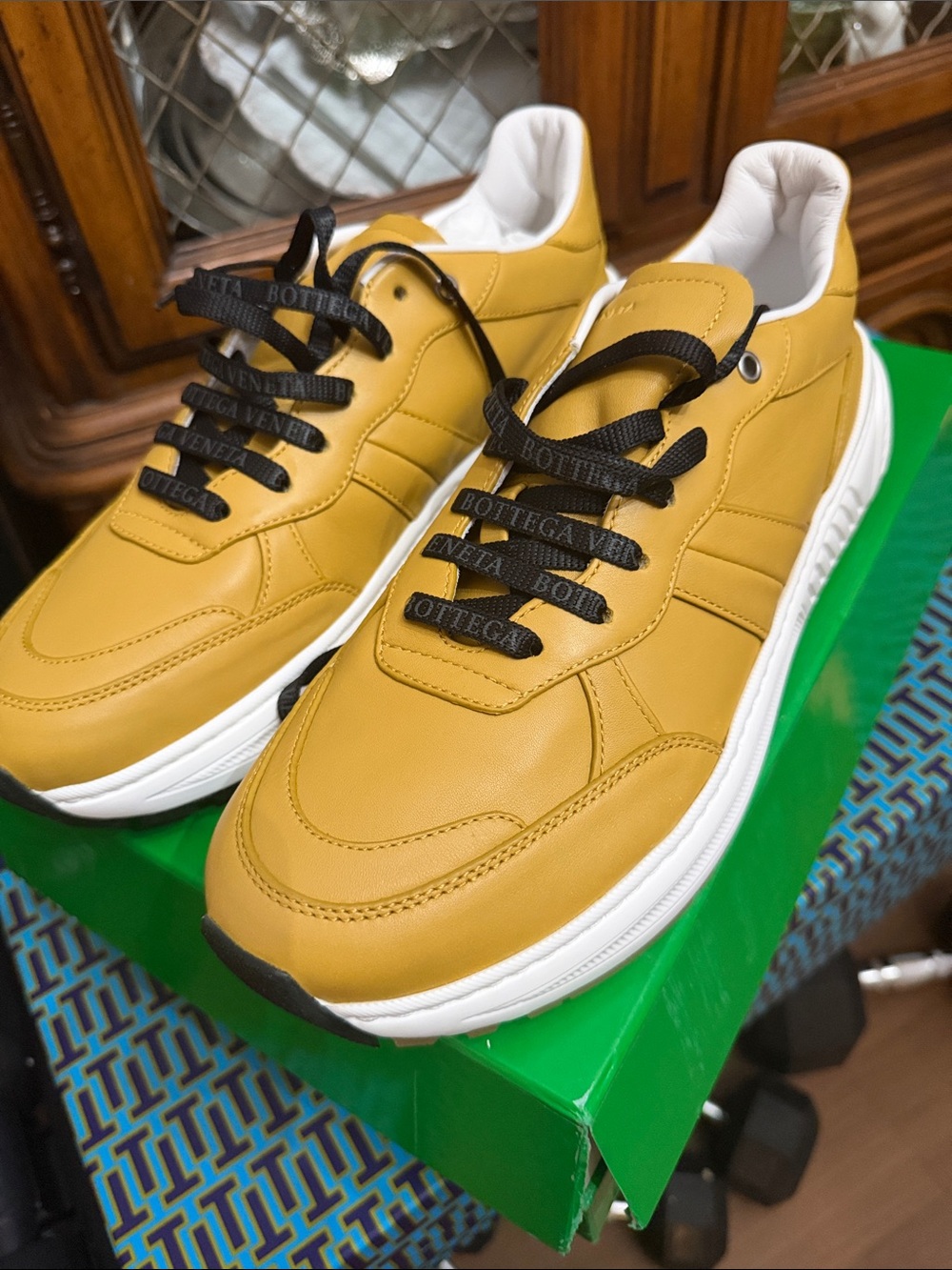 Bottega Veneta Men's Mustard Leather Sneakers with Black Laces